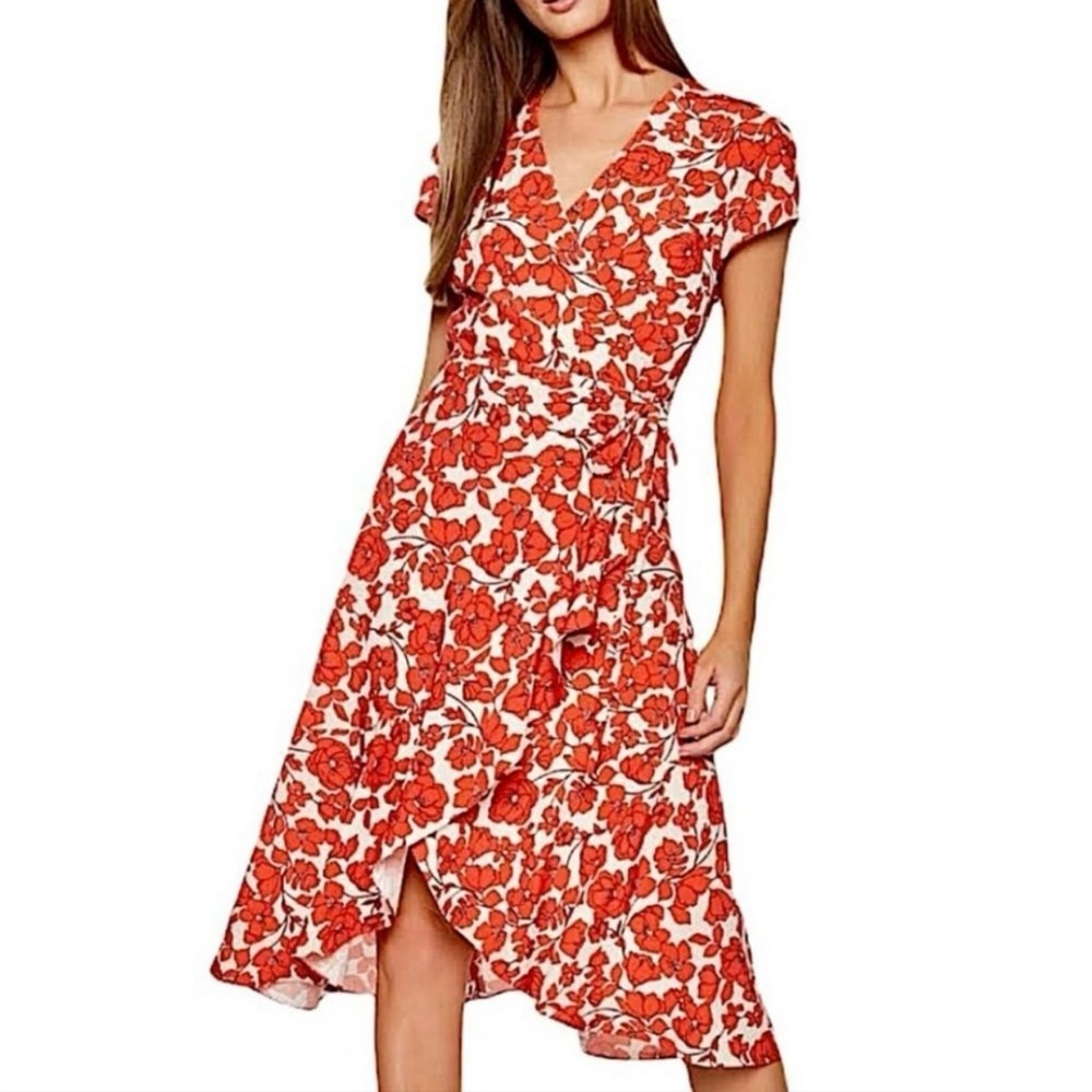 Bardot Fiesta Red Floral Faux Wrap Midi Dress Size 10 - Picture 15 of 15